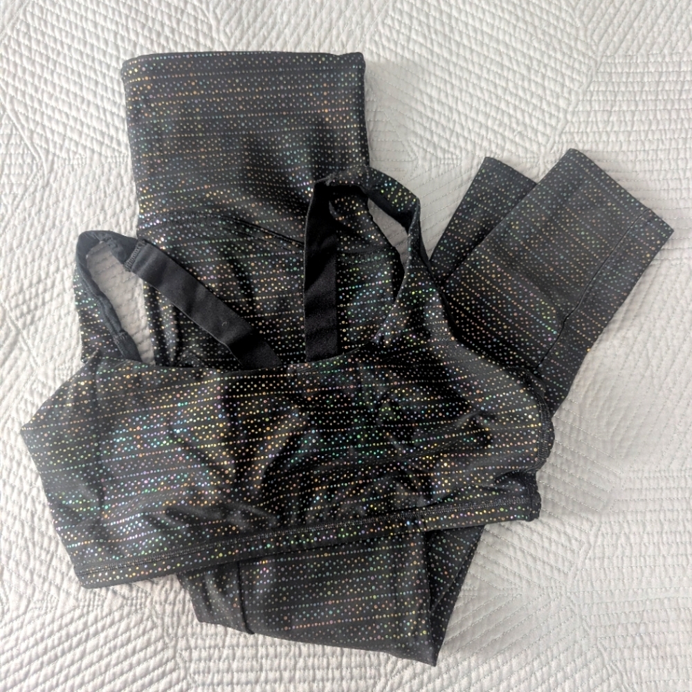SPANX Metallic Mist Black Leggings And Bra Set Medium